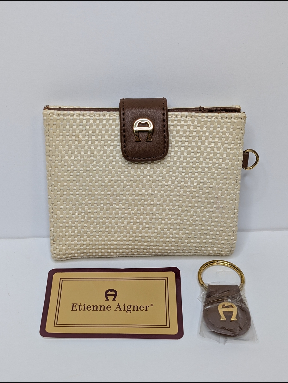 Etienne Aigner Cream Woven Wallet with Brown Leather Trim